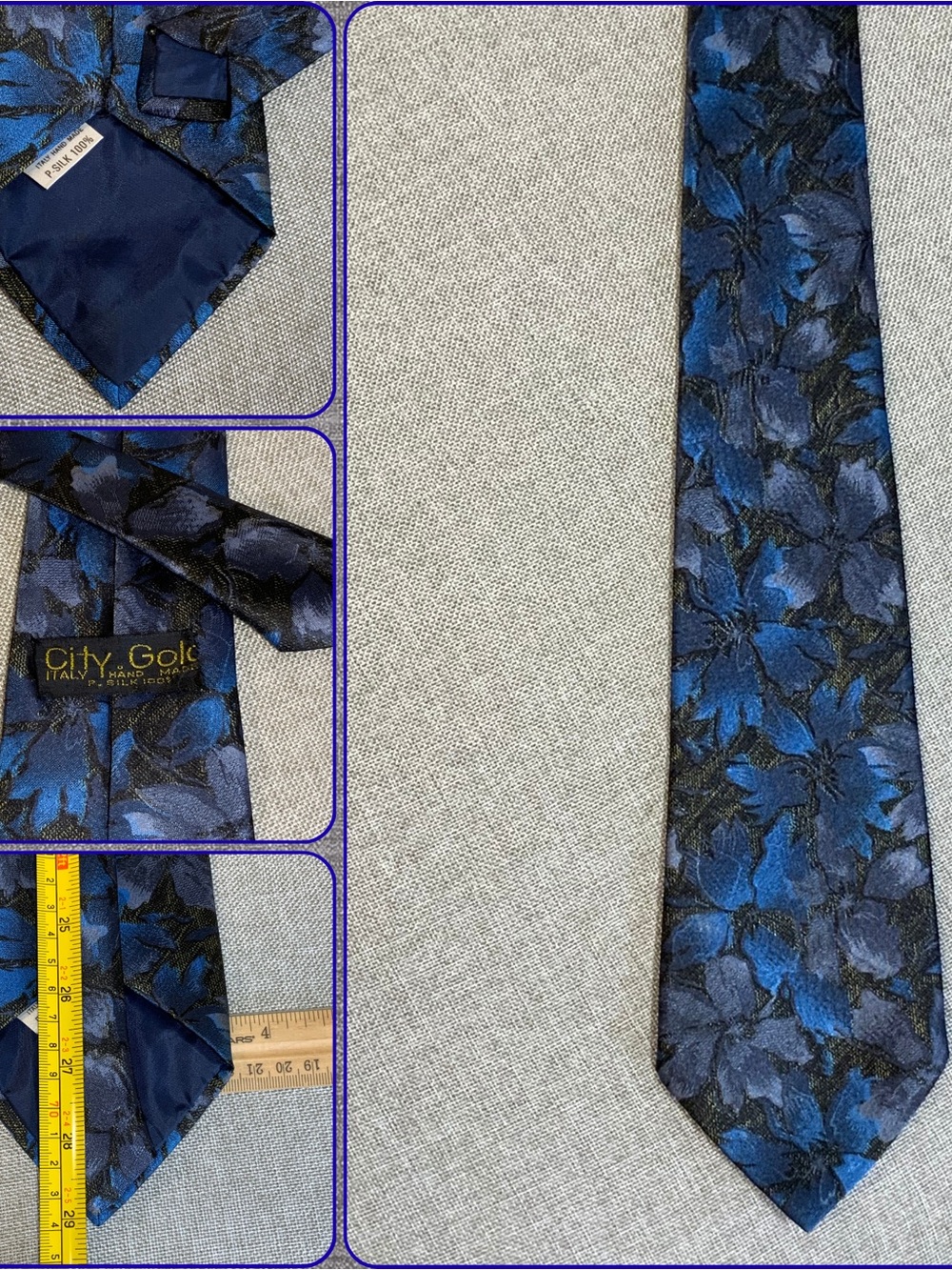 City Gold Blue Floral Silk Tie Handmade in Italy